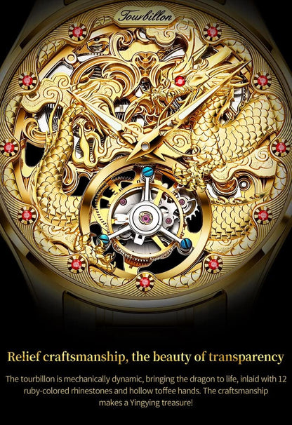 OUPINKE Gold Dragon Watches for Men Tourbillon Skeleton Mechanical Luxury Dress Automatic Self Winding Tungsten Steel Waterproof Sapphire Crystal Luminous Men’s Wrist Watch