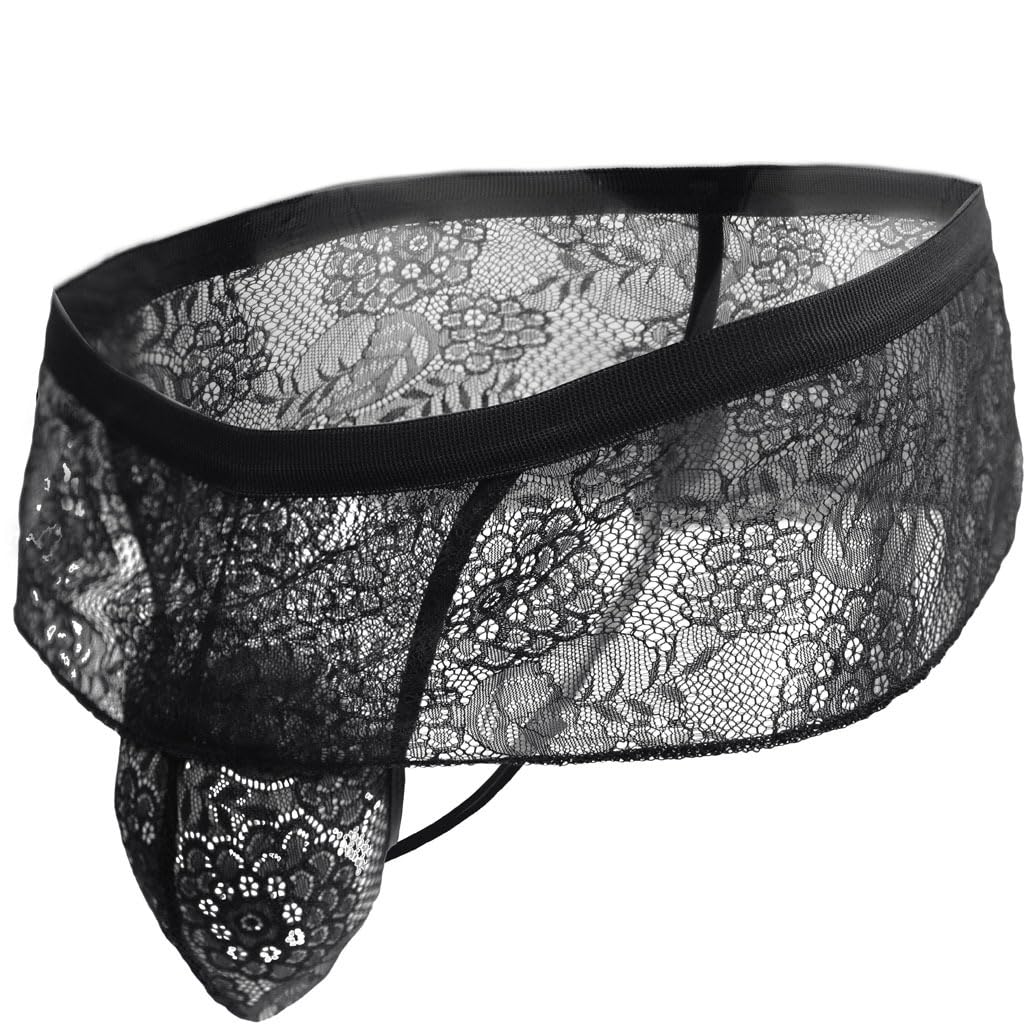 Mens Thong Underwear, Mini Skirt Thongs, Male Frilly Lace Sissy Panties, Feminine G-String Gay Lingerie for Men (Black 2)