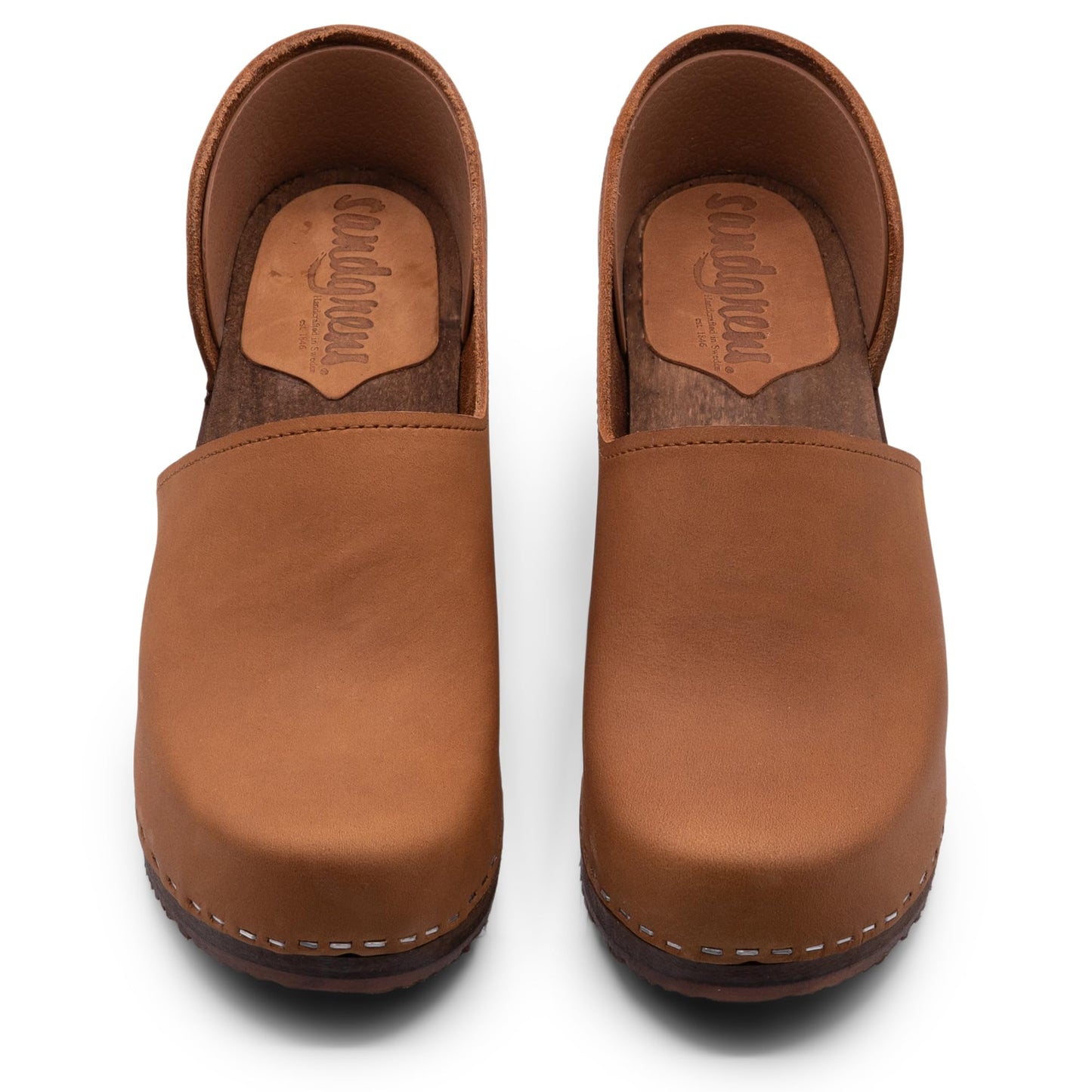 Sandgrens Handmade Swedish High Heel Wood Closed-Back Clogs for Women, US 8-8.5 | Brett Dexter Tan Nubuck DK, EU 39