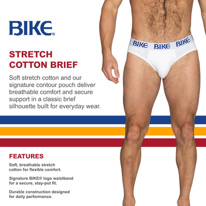 Bike Men's 3-Pack Stretch Cotton Athletic Men’s 3-Pack Stretch Cotton Briefs | Comfortable Soft Cotton Spandex Blend Underwear | Elastic Waistband Fit, X-Large, White