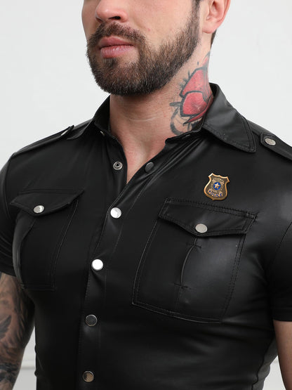 Mens PU Faux Leather Shirt Punk Style Short Sleeve Streetwear Fashion Urban Shacket Tops (US, Alpha, X-Small, Regular, Regular, COS)