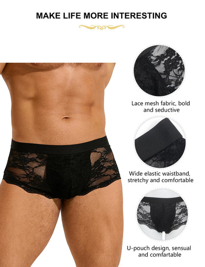 Men's Sexy Low-Rise Boxer Briefs - 2-Pack Black Lace Mesh Underwear with Bulge Pouch, Comfort Stretch Waistband Fits S