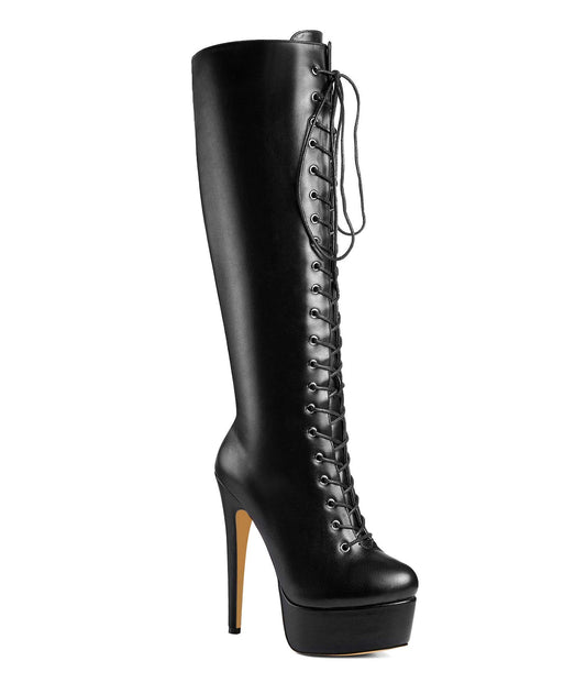 ANN CREEK - Women's 'Niwen' Knee High Sexy Fashion Ultra High Stiletto Heels Platform Lace Up Boots Black 10