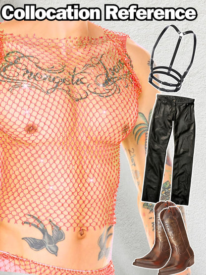 Kaei&Shi Rhinestone Mens Tank Tops Sheer Mesh See Through Fishnet Sparkly Rave Outfit Festival Crop Men Shirt Sexy Club Party,Pink,Small