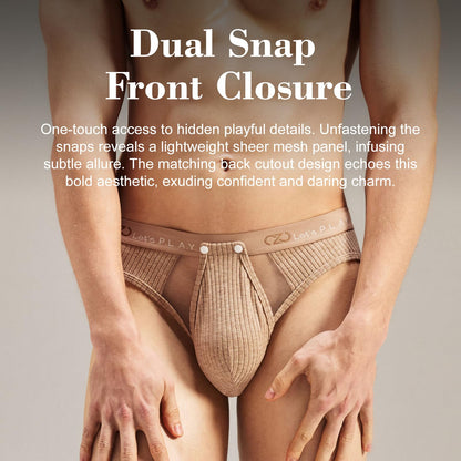BSZN Men's Thick Ribbed Sexy Briefs, Khaki Mid Low Rise Snap Open Sexy Men Underwear, Cutout Back Men Sexy Lingerie with Sheer Mesh Pouch Soft High Stretch Sexy Undergarment