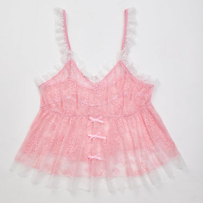 Men‘s Sheer Lace Camisole Floral See Through Cami Top Sleeveless Mesh Shirt for Crossdressing Party Pink Large