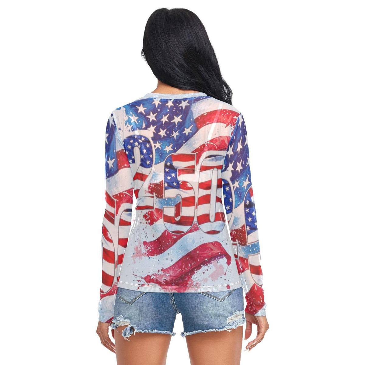 Women Mesh Tops Sexy- American Flag Stars Stripes Number Sheer Long Sleeve Shirts Crew Neck Going Out Tops L