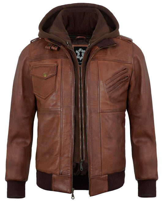 UrbanFocal Brown Leather Bomber Jacket Men - Real Lambskin Hooded Mens Leather Jackets | [101010006] Edinburgh Cognac, 2XL