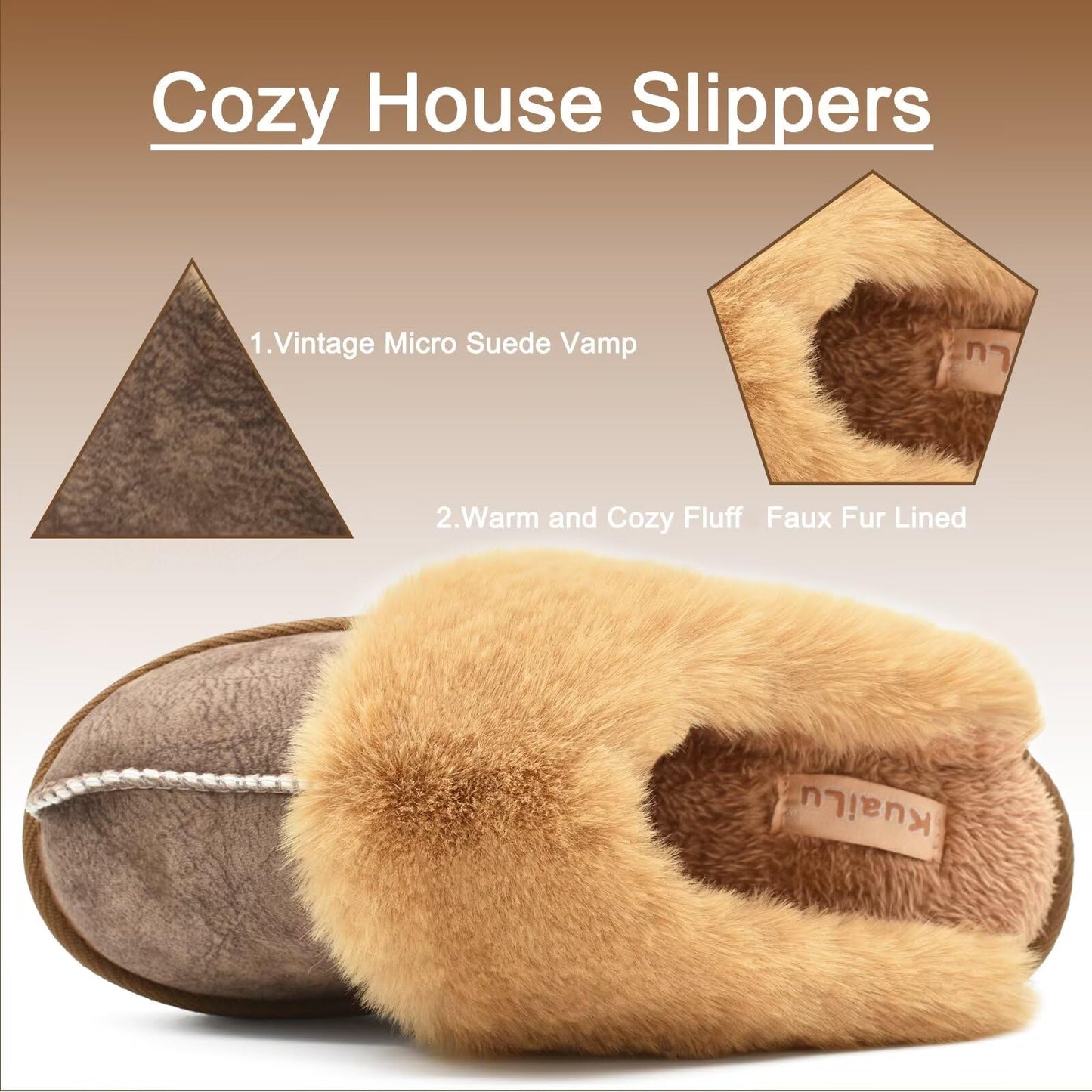 KuaiLu Womens Cozy Memory Foam Slippers Ladies Fuzzy Faux Fur Lined Warm Arch Support House Shoes Slip on Comfy Winter Scuff Indoor Outdoor Rubber Hard Sole Orthotic Plush Bedroom Brown Size 8
