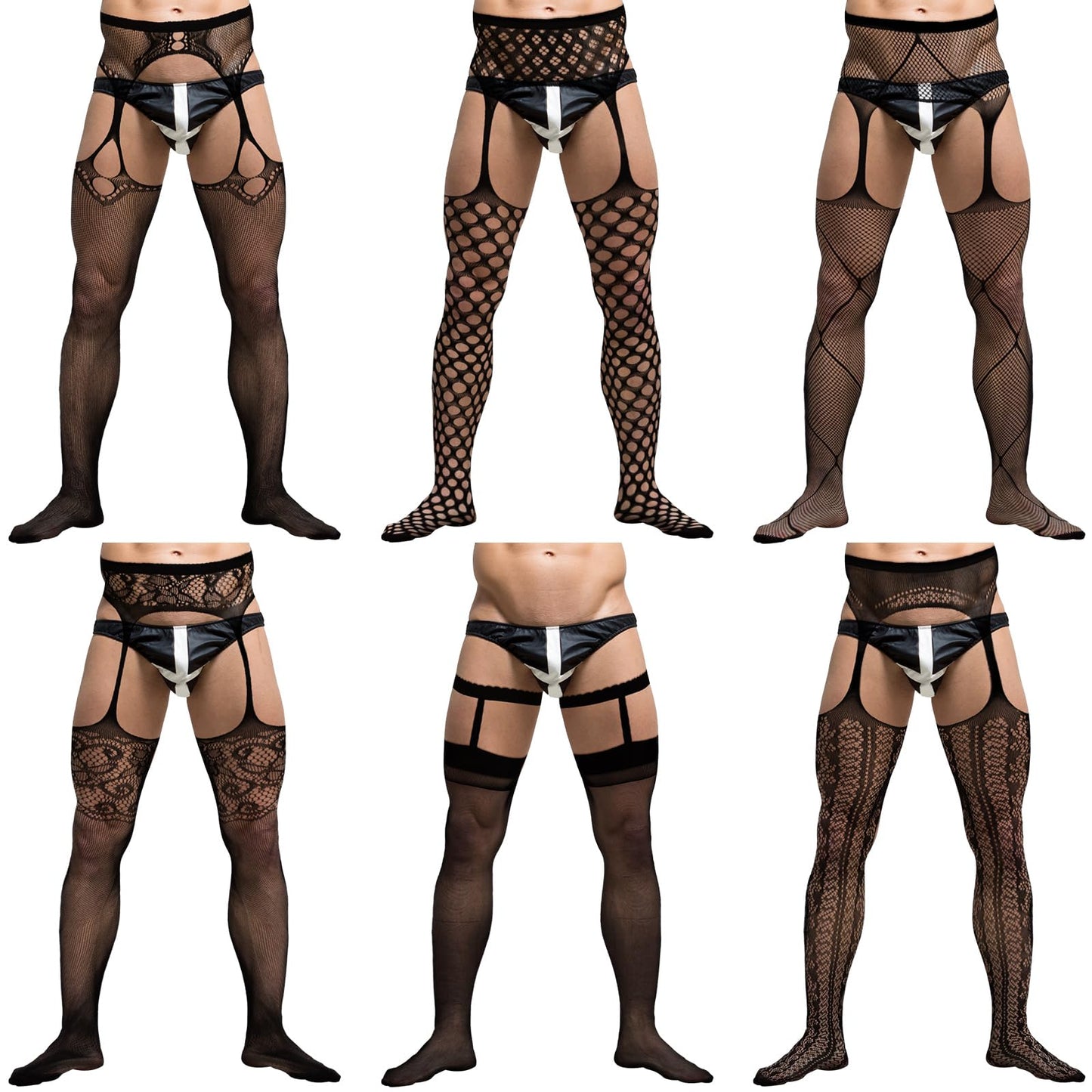 Newcotte 6 Pairs Men's Tights Suspender Pantyhose Sissy Sexy Lingerie Lace Fishnet Thigh High Stocking with Suspender for Man (Mixed)