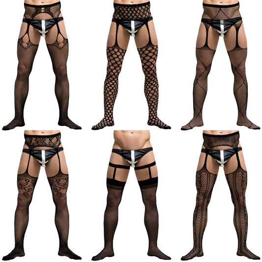 Newcotte 6 Pairs Men's Tights Suspender Pantyhose Sissy Sexy Lingerie Lace Fishnet Thigh High Stocking with Suspender for Man (Mixed)