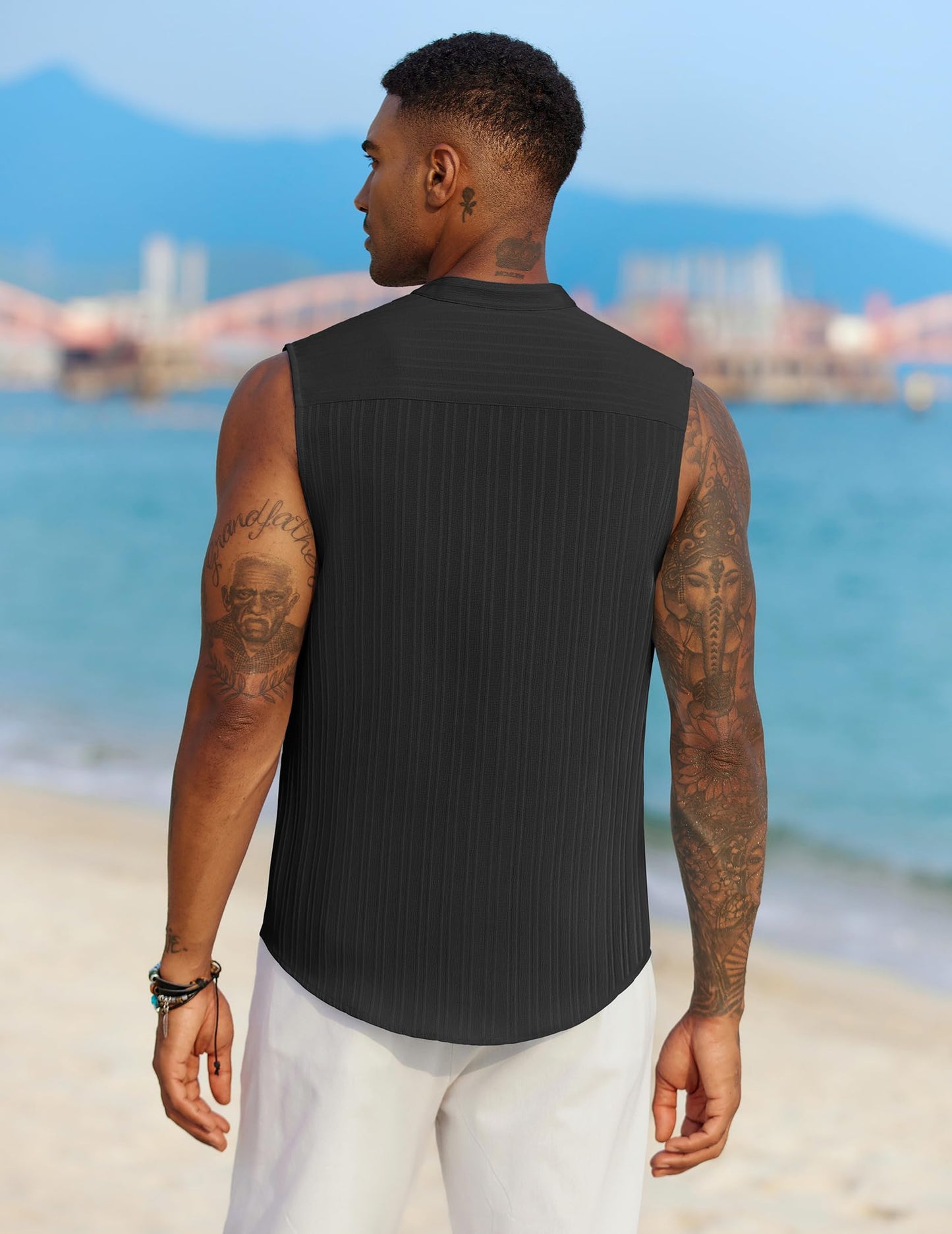 COOFANDY Mens Sleeveless Summer Shirts Beach Tank Tops Button Up Textured Tank Shirt for Vacation,Black,L