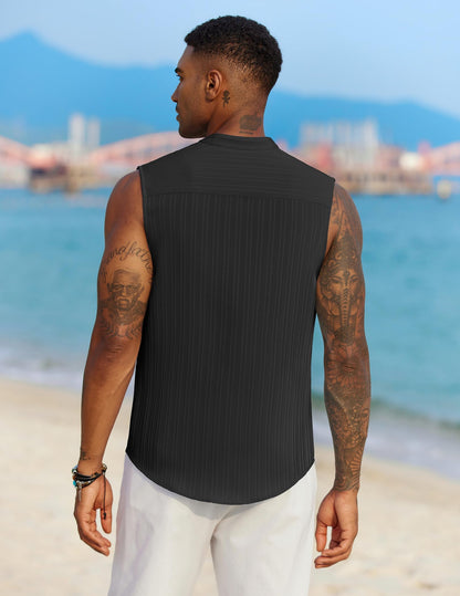 COOFANDY Mens Sleeveless Summer Shirts Beach Tank Tops Button Up Textured Tank Shirt for Vacation,Black,L