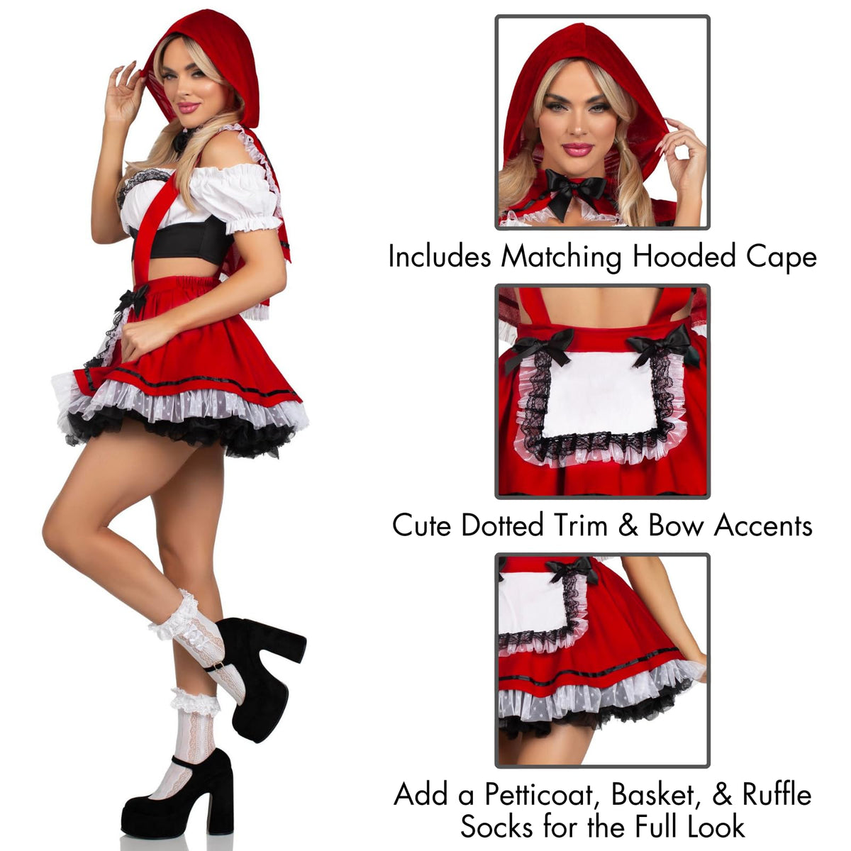 Leg Avenue Women's 3 Pc Flirty Miss Red, Includes Lace Trimmed Crop Top, Suspender Skirt, and Hooded Cape, X-Large, Red/White