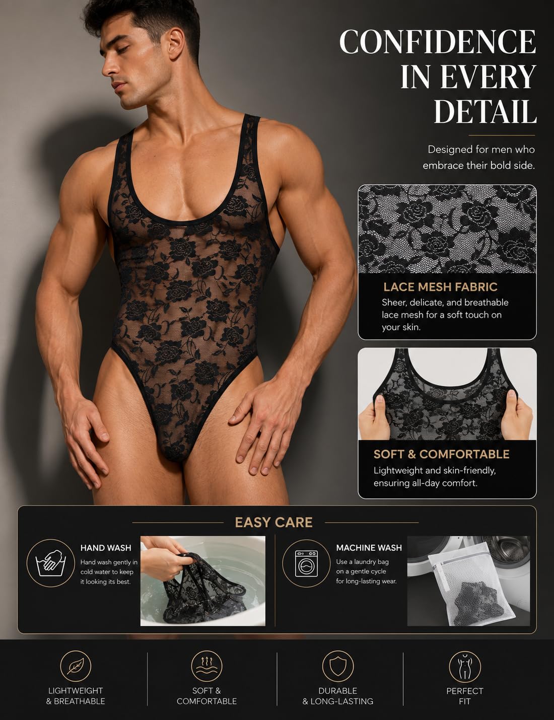 Mens Lace One Piece Bodysuit Sheer Breathable Lingerie Sleepwear for Men Comfy Pouch Touch Sexy Jumpsuits Black S