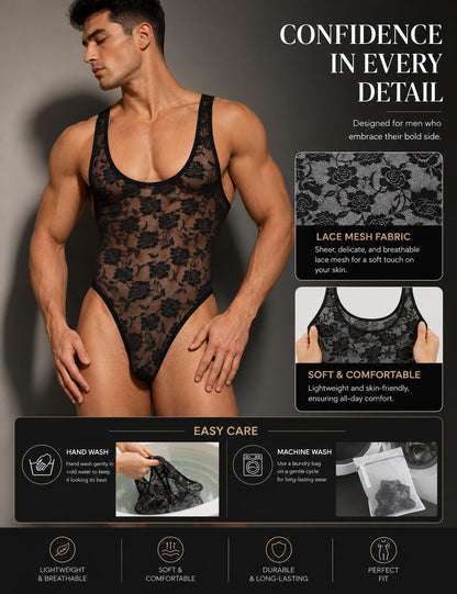 Mens Lace One Piece Bodysuit Sheer Breathable Lingerie Sleepwear for Men Comfy Pouch Touch Sexy Jumpsuits Black S