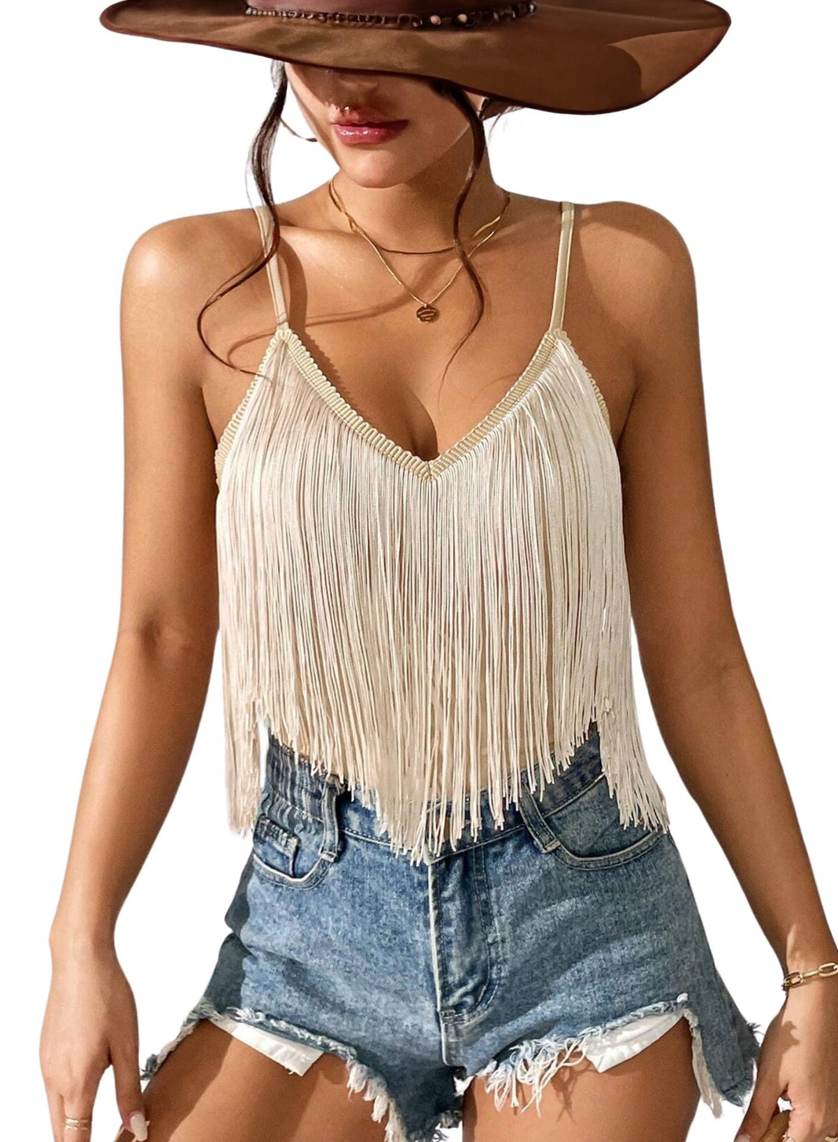 Womens Western Cowgirl Fringe Tops - Country Concert Outfits Rodeo Shirt(Khaki,L,10742a)