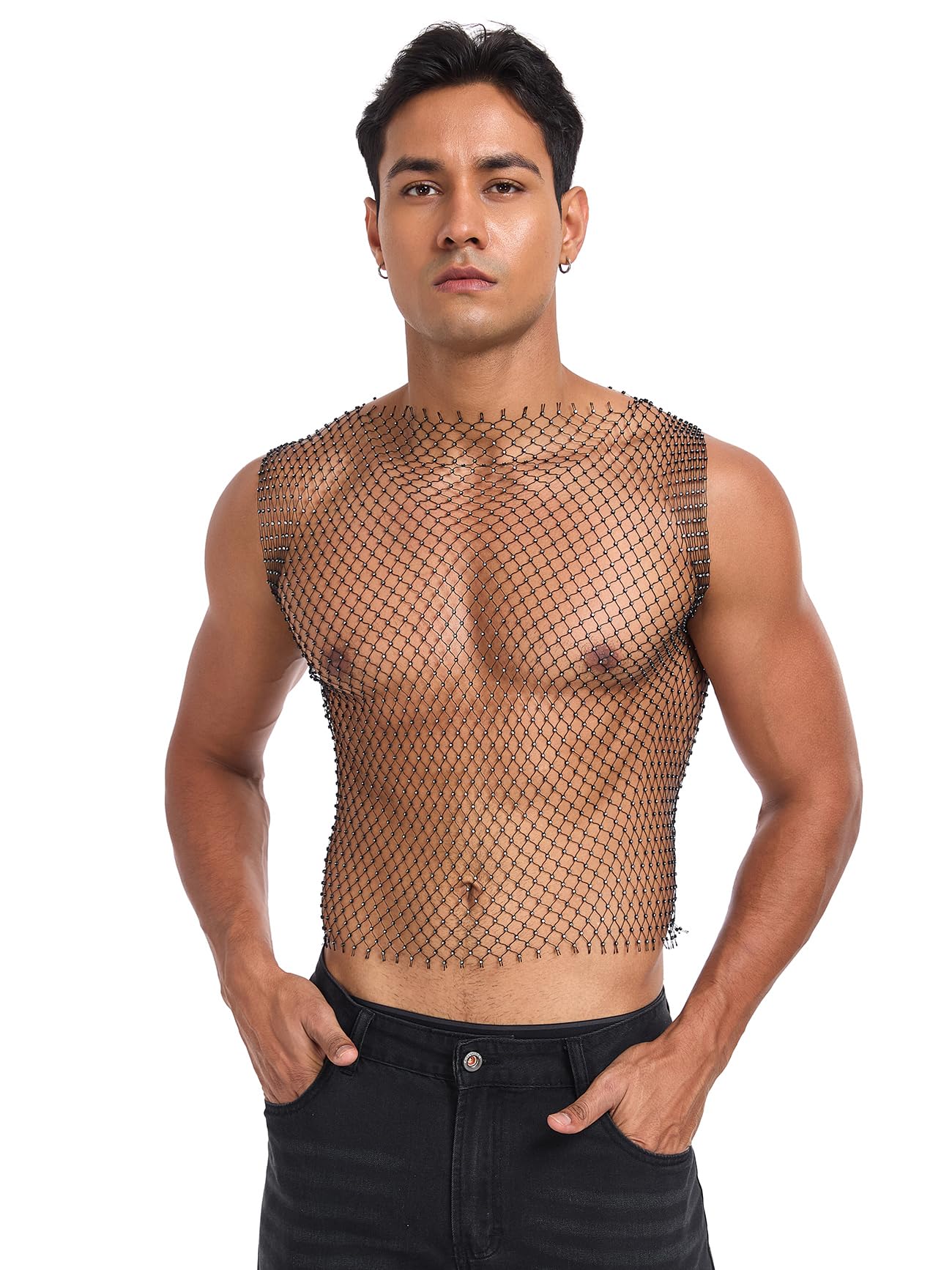 CYCLAMEN Rhinestone Mens Tank Tops Fishnet Sparkly Diamond Sleeveless Shirt See Through Festival Sexy Outfits Rave Party, Black, One Size