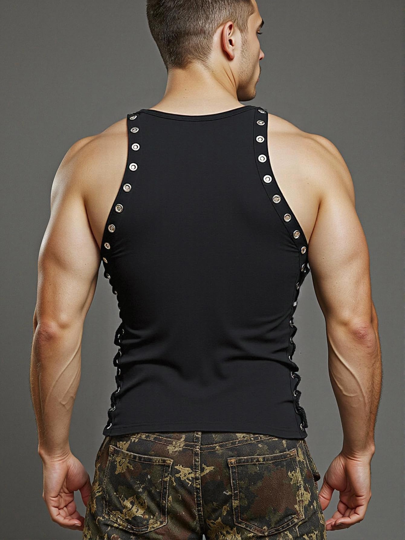 GORGLITTER Men's Grommet Cropped T Shirt Y2K Going Out Lace Up Crew Neck Sleeveless Shirts Party Club Tank Tops Black Large