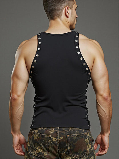 GORGLITTER Men's Grommet Cropped T Shirt Y2K Going Out Lace Up Crew Neck Sleeveless Shirts Party Club Tank Tops Black Large
