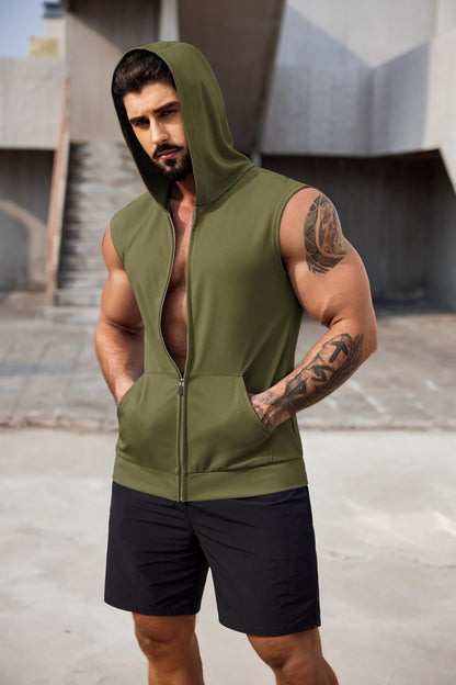 COOFANDY Cutoff Gym Shirt Mens Training Hooded Tank Top for Men Sleeveless Running Shirts with Hoodie Black and Army Green L