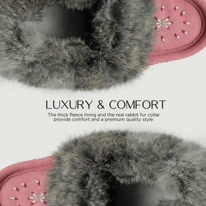 Laurentian Chief Moccasin Slippers for Woman - Orlon Beaded Slippers with Fur Trim and Padded Sole, Canada Quality Womens, Comfortable Stylish Indoor Moccasins for Women