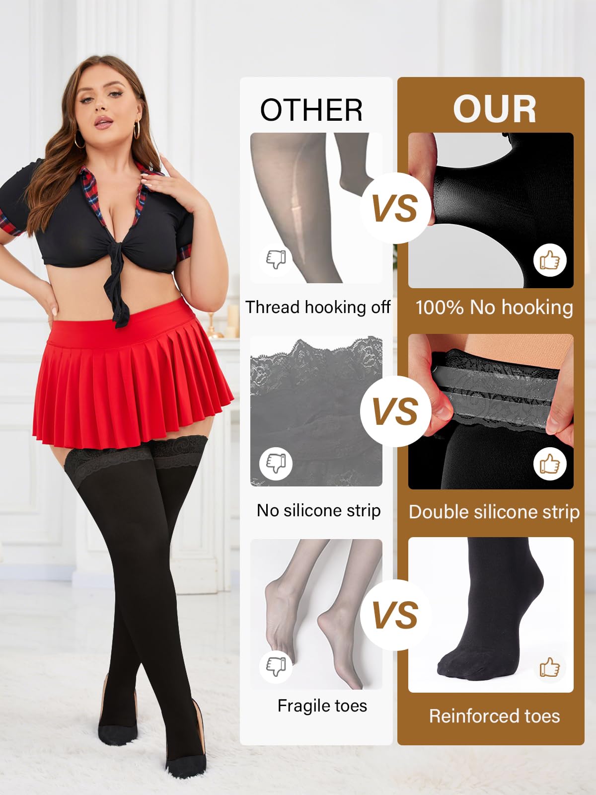 Moon Wood Plus Size Lace Top Silicone Stay-Up Thigh High Stockings for Women Sexy Semi Sheer Hosiery for Party