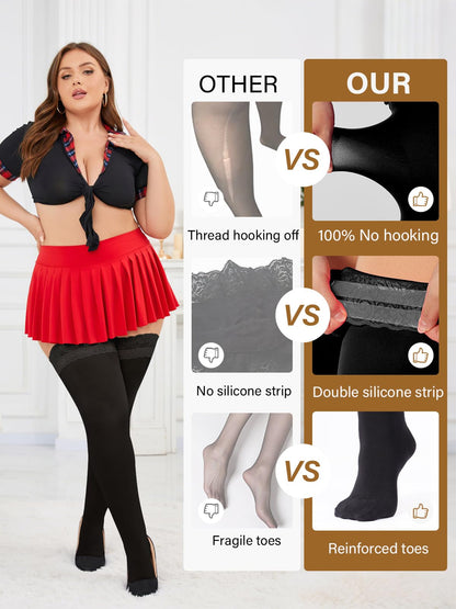 Moon Wood Plus Size Lace Top Silicone Stay-Up Thigh High Stockings for Women Sexy Semi Sheer Hosiery for Party