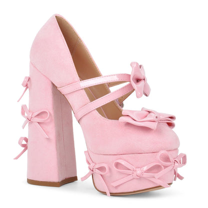 Crossdresser- Sissy - Platform Block Heel Pumps Bowknots Studded Mary Jane Shoes with Heart Buckle Straps Round Toe Cute Lolita Chunky High Heels Faux Suede Dress Pump for Party Cosplay Pink Size 12