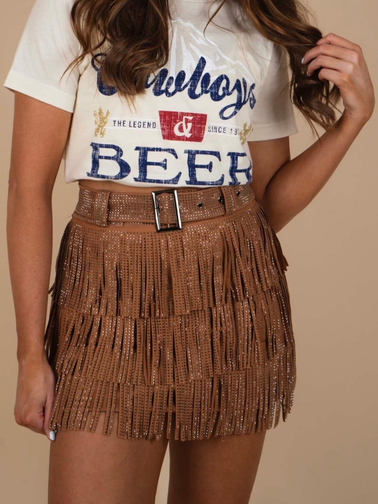 ChiyeeKiss Womens Sparkle Rhinestone Fringe Skirt Elastic Waistband Short Mini Dress with Adjustable and Removable Belt(0002-Brown-M)