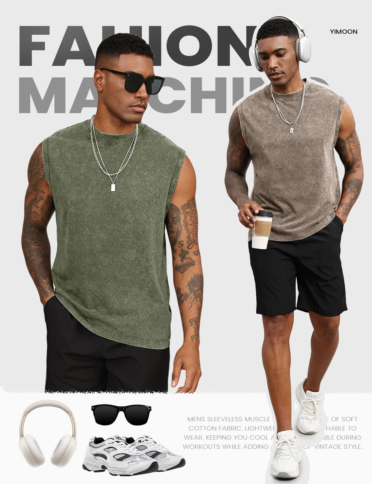 Yimoon Sleeveless Shirts for Men Workout Tank Tops Cotton Acid Wash Muscle Shirts Baggy Gym Tees(BlackKhakiBeigeArmy-XL)