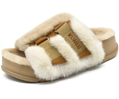 KuaiLu Womens Fuzzy Platform Open Toe Slipper with Arch Support Fluffy Furry Slides Orthotic Faux Rabbit Fur Sandal Indoor Outdoor Beige Size 9