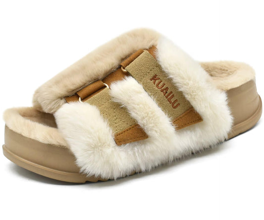 KuaiLu Womens Fuzzy Platform Open Toe Slipper with Arch Support Fluffy Furry Slides Orthotic Faux Rabbit Fur Sandal Indoor Outdoor Beige Size 9
