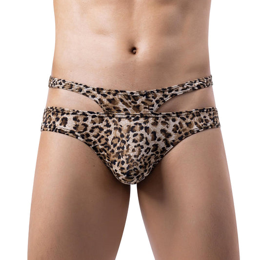 GENEMEN Mens Double Waist Underwear Sexy Animal Print Briefs (Leopard Khaki, L)