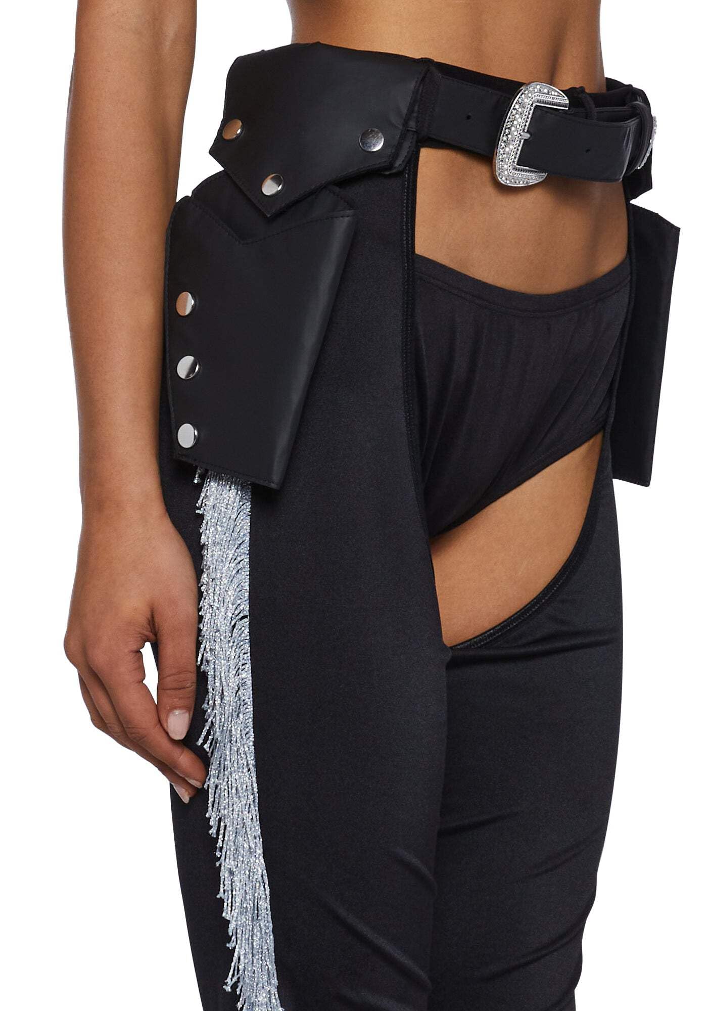 Dolls Kill Giddy Up Rhinestone Cowgirl Costume by Trickz N’ Treatz – Women’s Sequin Bra Top with Fringe Chaps & Hat, Black, Medium