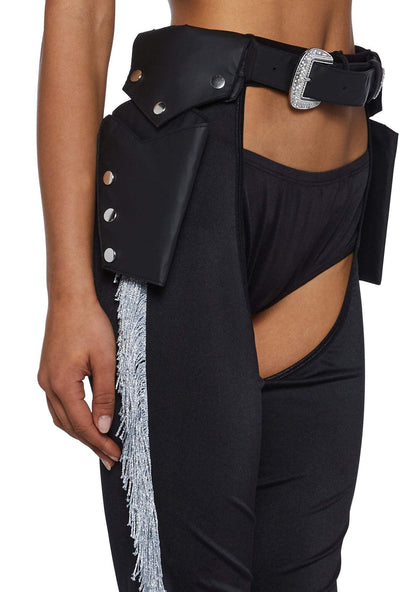 Dolls Kill Giddy Up Rhinestone Cowgirl Costume by Trickz N’ Treatz – Women’s Sequin Bra Top with Fringe Chaps & Hat, Black, Medium