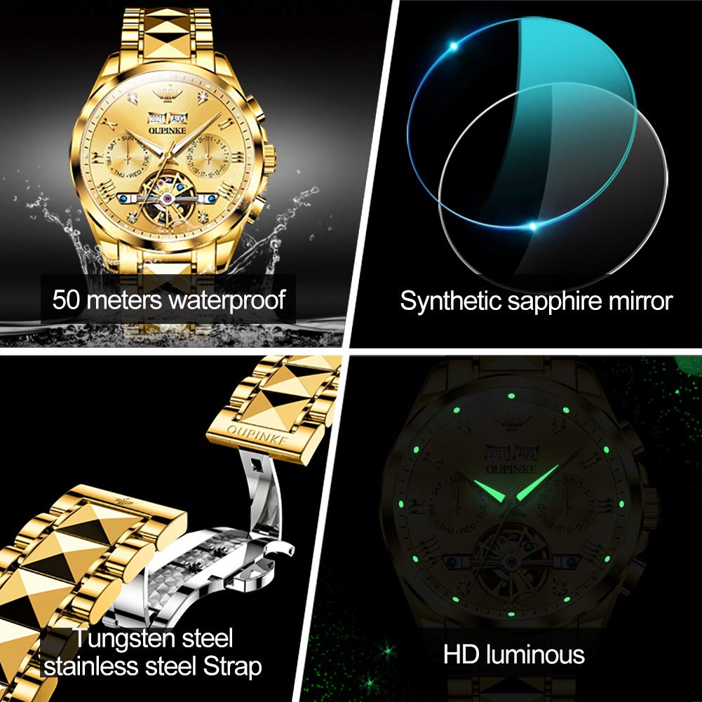 OUPINKE Mens Automatic Watches Diamond Skeleton Self Winding Luxury Dress Wrist Watch Sapphire Crystal Tungsten Steel