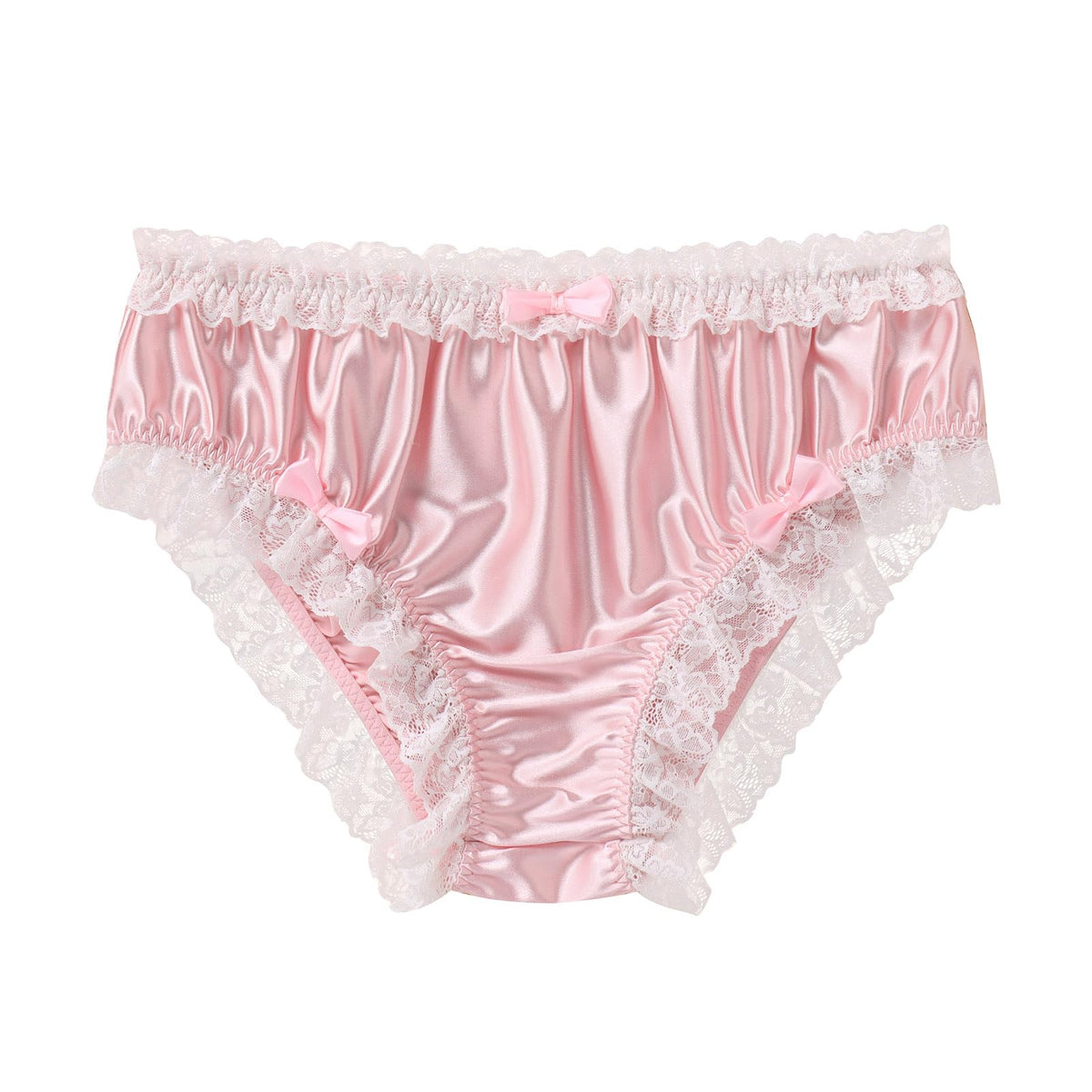 Men's Satin Silk Underwear Ruffle Lace Sissy Panties Bowknot Crossdress Silky Knickers Briefs Pink X-Large