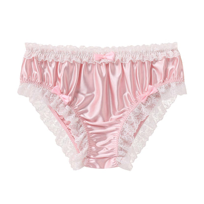 Men's Satin Silk Underwear Ruffle Lace Sissy Panties Bowknot Crossdress Silky Knickers Briefs Pink X-Large