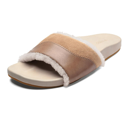 OLUKAI Ho'ala Slide Women's Leather Sandals, Premium Materials & Suede Details, Sheepskin Shearling & Durable Sole, All-Day Comfort & Wear, 9, Tan/Puka