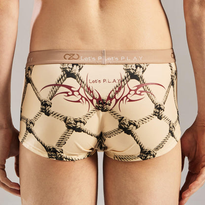 BSZN Men's Sexy Boxer Briefs, Beige Rope Shibari Print Devil Tail Back Mid Rise Ultra Soft Thin Sexy Lingerie