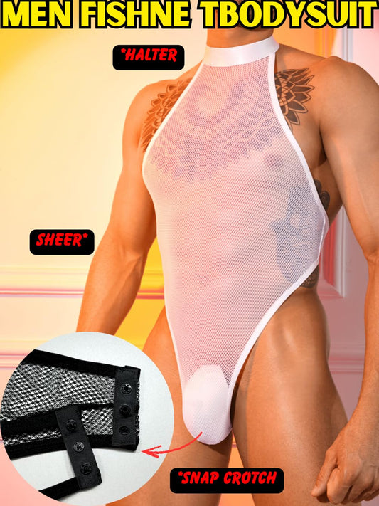 Men Sexy Lingerie, Snap Crotch High Cut Fishnet Bodysuit, Sheer Mesh Sissy Clothes Gay Club, Party Dance Rave Outfits White One Size
