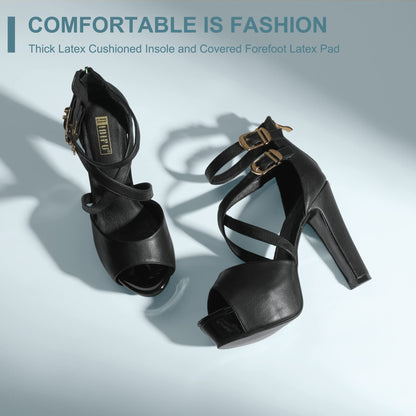 Women's IN5 Crisscross Platform Chunky Heels(Black Pu, 8.5)