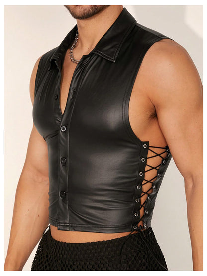 OYOANGLE Men's Faux Leather Tank Tops Sleeveless Fitted Muscle Undershirt Button Down Vest Top Nightwear Black Large