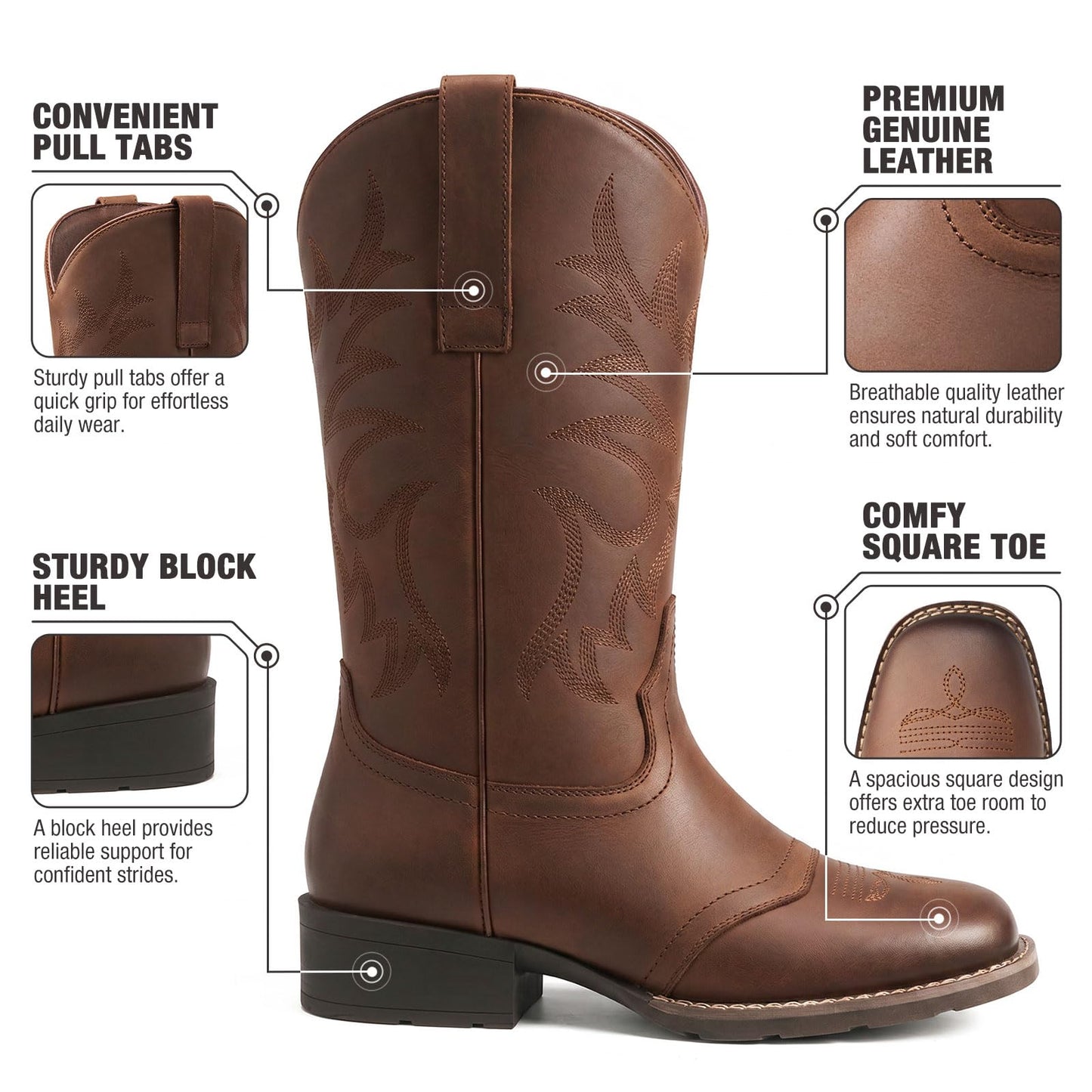 Rollda Genuine Leather Cowboy Boots for Women, Square Toe Cowgirl Boots with Block Heel, Women Mid Calf Western Boots