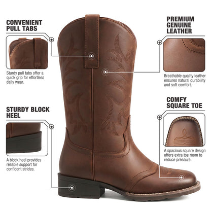 Rollda Genuine Leather Cowboy Boots for Women, Square Toe Cowgirl Boots with Block Heel, Women Mid Calf Western Boots