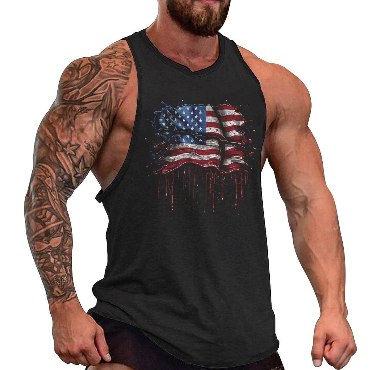 MARSVOVO Mens Tank Tops Gym Muscle Stringer Novelty Printed Sleeveless T Shirts Lightweight Loose Fitted Workout Streetwear Tank for Summer American Flag,XL