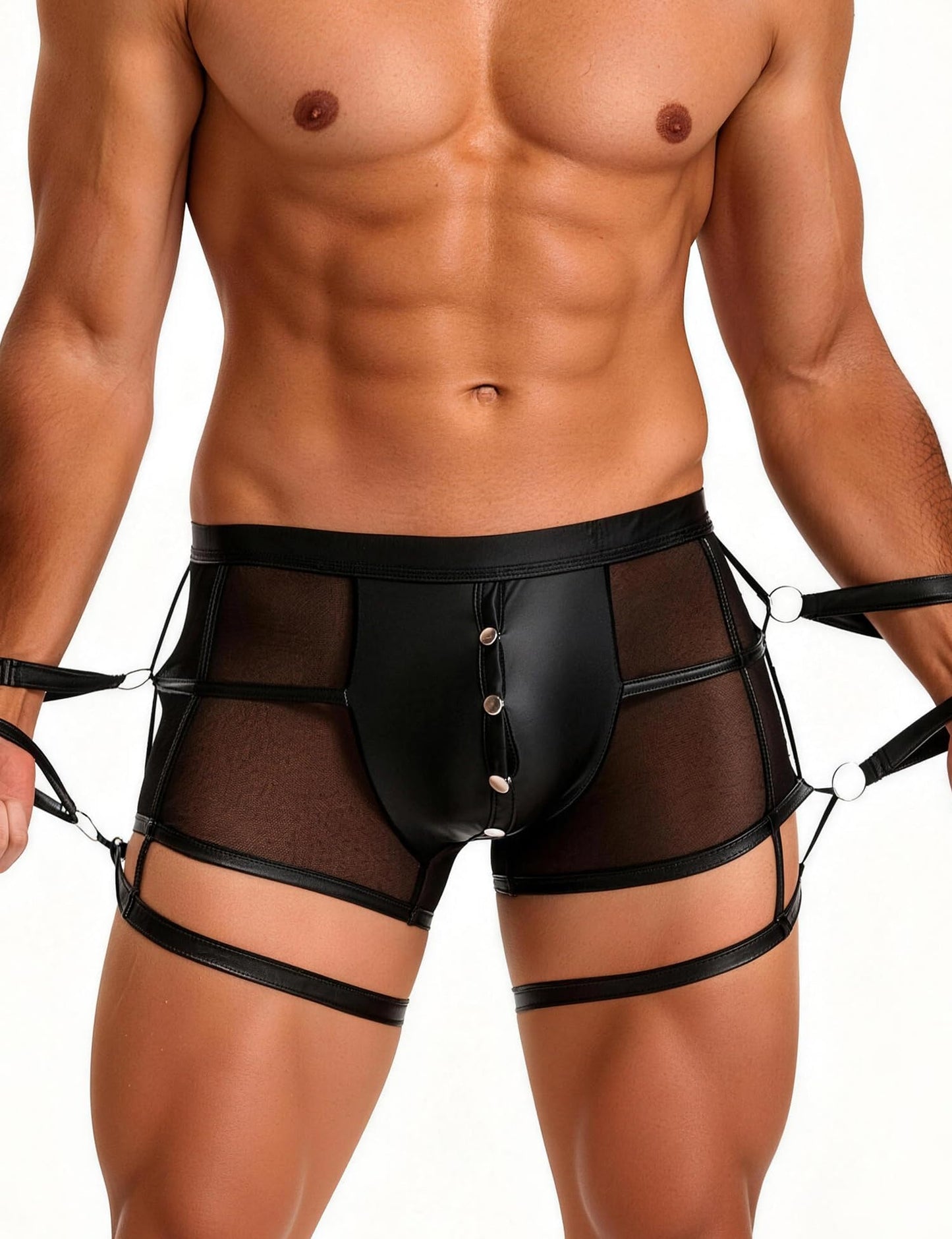 Mens Underwear Boxer Briefs, Sexy Underwear Mesh Boxer For Men Open Front Bulge Pouch -Intimate Panties With Handcuff - Harness Straps- Lingerie Black
