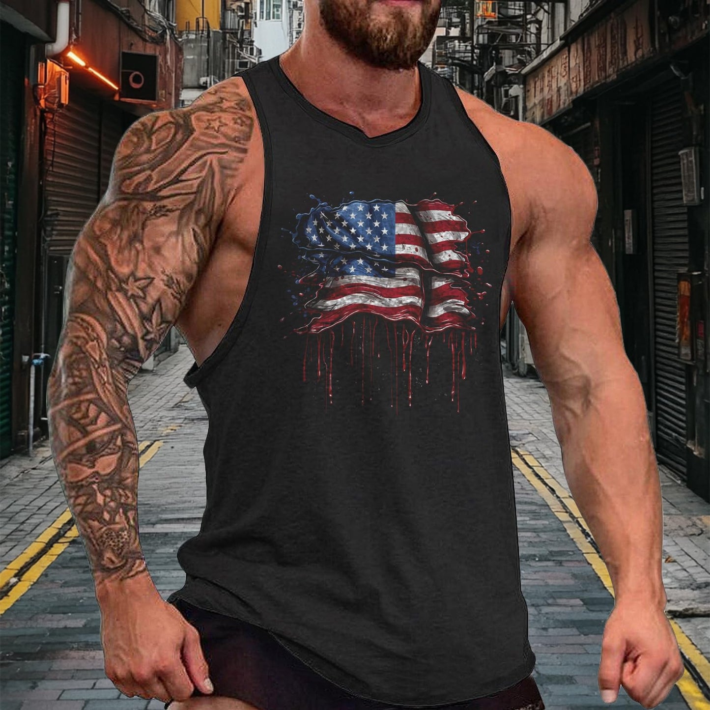 MARSVOVO Mens Tank Tops Gym Muscle Stringer Novelty Printed Sleeveless T Shirts Lightweight Loose Fitted Workout Streetwear Tank for Summer American Flag,XL