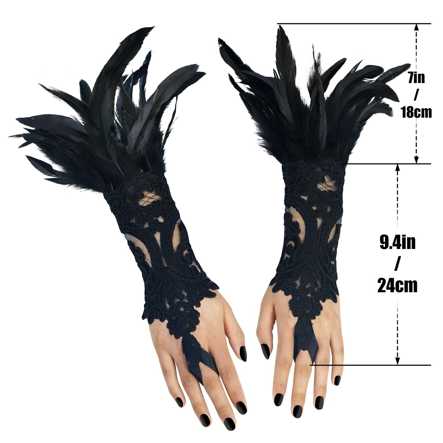 Women Black Lace Feather Gloves Witch Angel Costume Accessories Swan Wings Wrist Bands